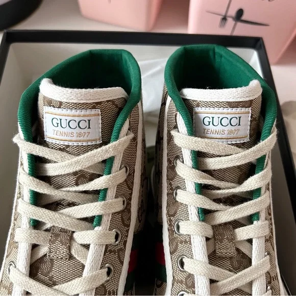 💥SOLD💥 GUCCI $790 1977 GG Monogram Canvas High Top Tennis Sneakers 39 / 9 - Picture 7 of 9